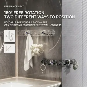 Wall Hook Rack with 8 Foldable Hooks, No Drill Adhesive Hook Rail with Suction Cups, Heavy Duty Waterproof Wall Mounted Hanger for Kitchen Bathroom Laundry Entryway Dorm, Transparent or Black Reusable Hook Strip for Towels Coats Keys Bags Utensils
