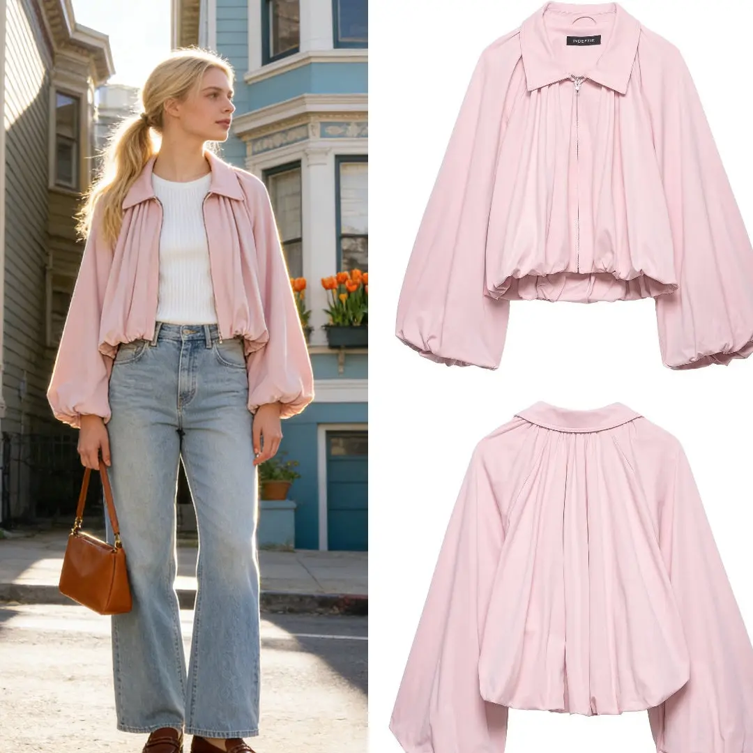 European And American-style Balloon-sleeve Aviator Jacket For Women