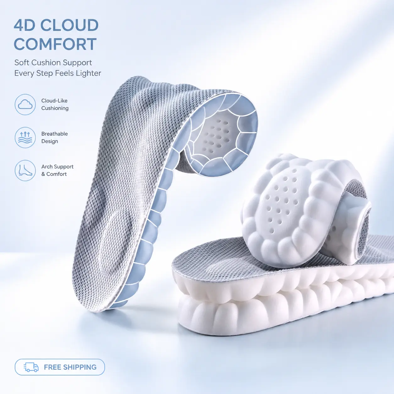 4D Cloud Foam Insoles, Lightweight Unisex Anti-Fatigue Footwear Inserts with Ultra-Soft Shock-Absorption, Breathable Mesh Massage Design for Flat Foot Pain Relief in Standing Work Shoes, Festive Party Gift