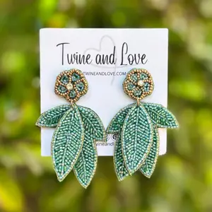 Green Tropical Leaves Beaded Earrings