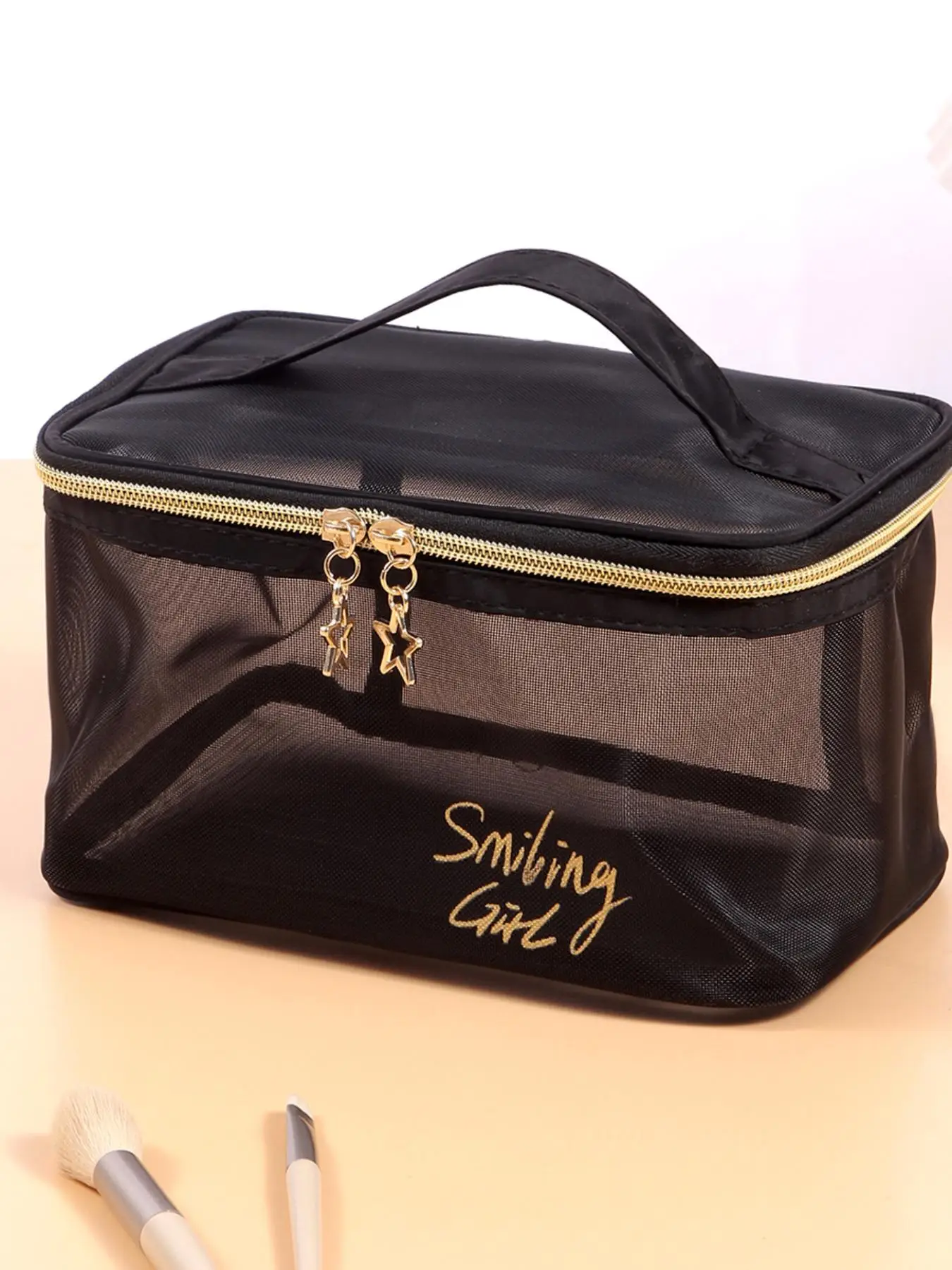 Women's Large Capacity Travel Cosmetic Bag, Mesh Makeup Organizer, Stylish Hollow-Out Design, Perfect for Outdoor Use