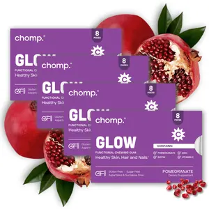 Glow Beauty Gum 4 Pack | Organic Pomegranate | Vitamin C & Zinc for Antioxidant Protection | Biotin for Skin, Hair & Nails Health | Chomp Gums