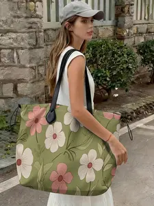 Floral Pattern 2D Printed Drawstring Tote Bag, Large Capacity Shopping Bag, Durable and Wear-Resistant, Suitable for Work, Shopping, Picnic