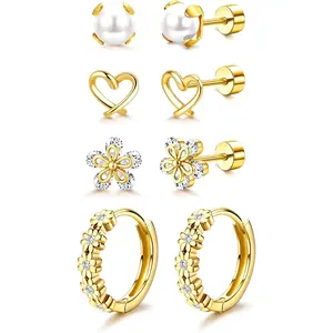 CASSIECA 14K Gold Plated Earrings Stack 316L Surgical Stainless Steel Cute Pearl Flower Butterfly Heart Strawberry Rainbow Flat Back Earrings Stack Small Daisy Huggie Hoop Earrings Stack Set for Sensitive Ear Hypoallergenic Heart SummerVibes