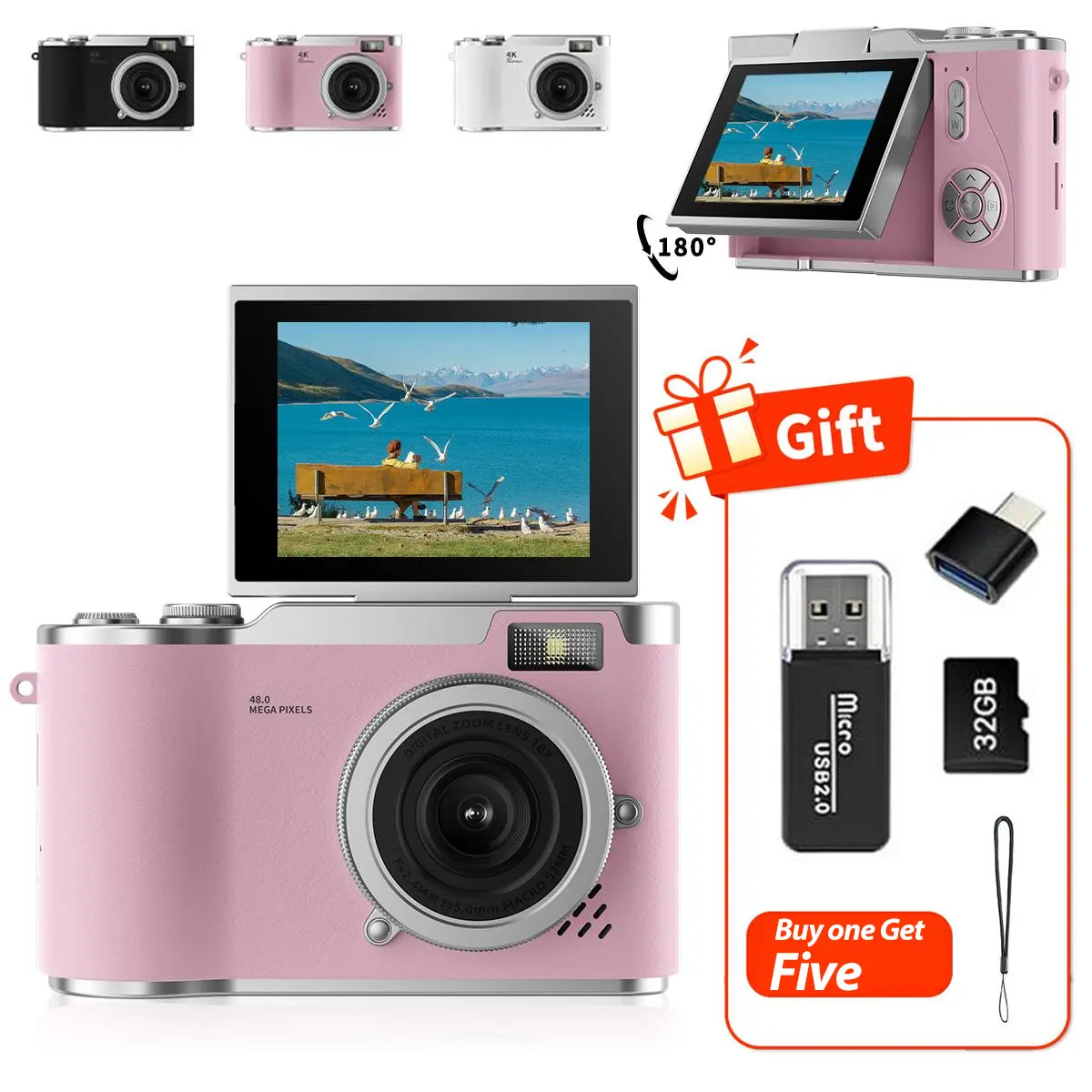 Flip-Screen CCD Style Digital Pocket Camera for Beginner Students Teenagers, Portable Selfie Compact Camera with 32G Memory Card, Card Reader, Converter Plug-in and Lanyard, Perfect Gift for Back to School Season tiktokshopbacktoschool