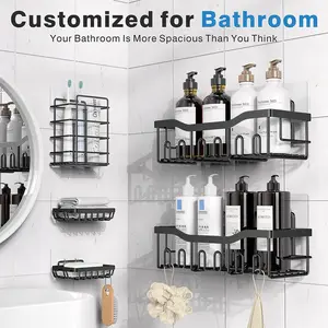 Shower Caddy Organizer, 5-Pack Adhesive Rustproof Stainless Steel Shower Shelves with Soap Holder, No Drilling Shower Storage Rack for Family Renters Bathroom, Black
