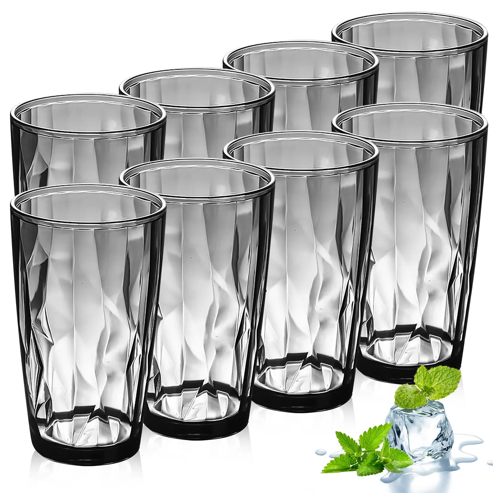 8-Piece Grey Plastic Reusable Tumbler Set - 16-oz Stackable Shatterproof Drinkware, Ideal for Kitchen and Outdoor Use, Tumblers