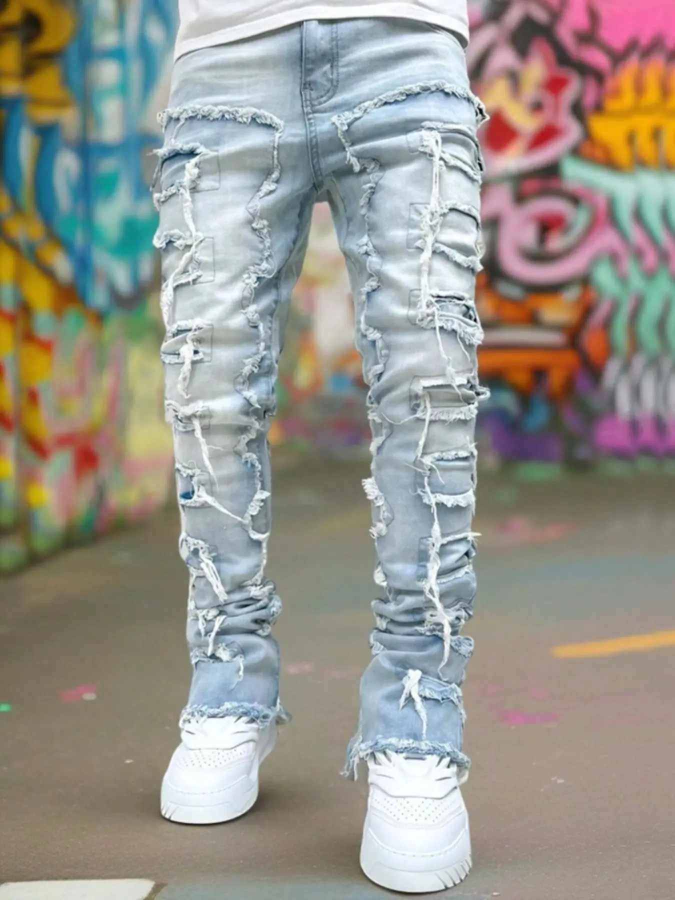 Men's Ripped Skinny Jeans, American Retro Style Denim Jeans, Loose-Fit Design, Perfect Gift for Him, Fashionable Casual Wear, Light Wash Jeans, Jeans Distressed, Fashion Casual Pants, Jeans Bottoms