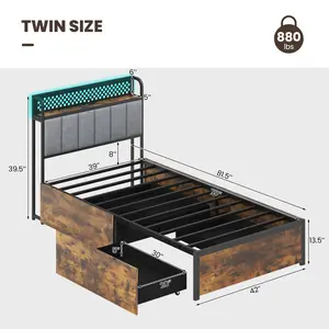 COSTWAY - Twin/Full/Queen Bed Frame with LED Lights, Upholstered Headboard and 4 Storage Drawers-Twin size