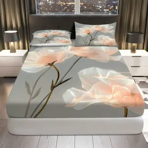 3Pcs Elegant Floral Blossom Fitted Sheet Three Piece Set (1*Fitted Sheet+2*Pillowcases, Coreless), Spring theme, Modern Bedroom Decor, Bedroom Fashion Bedding Set, Mattress protector Soft, Breathable
