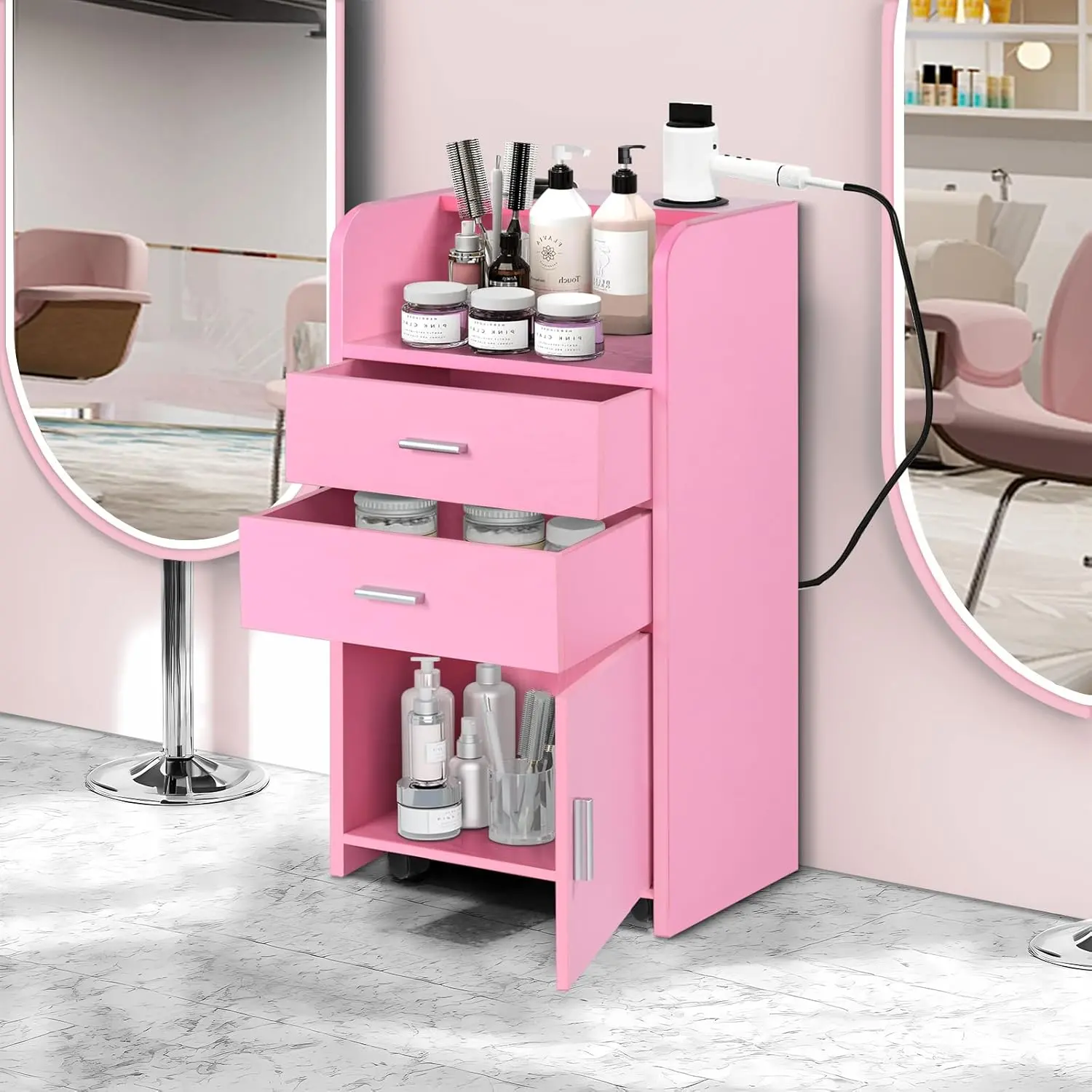 [SummerSale] HOMBCK Beauty Salon Station, for Hair Stylist, Hair Salon Station Storage Cabinet with Wheels, with 2 Drawers, with 2 Hair Dryer Holders #home essentials#back to school