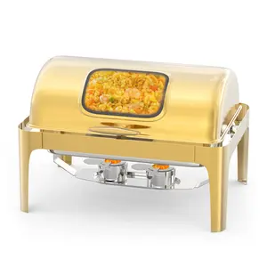9QT Rectangle Stainless Steel Roll Top Chafing Dish for Buffet – Food Warmer Server with Visible Lid, Water Pan, Stand, Fuel Holder & Clip – for Parties, Birthdays, Hotels & Weddings – Gold