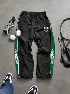 Men's Fashion Casual Sports Pants, Vintage Retro Style, Colorblock Racing Wind, Drawstring Wide Leg Joggers, Spring Summer New