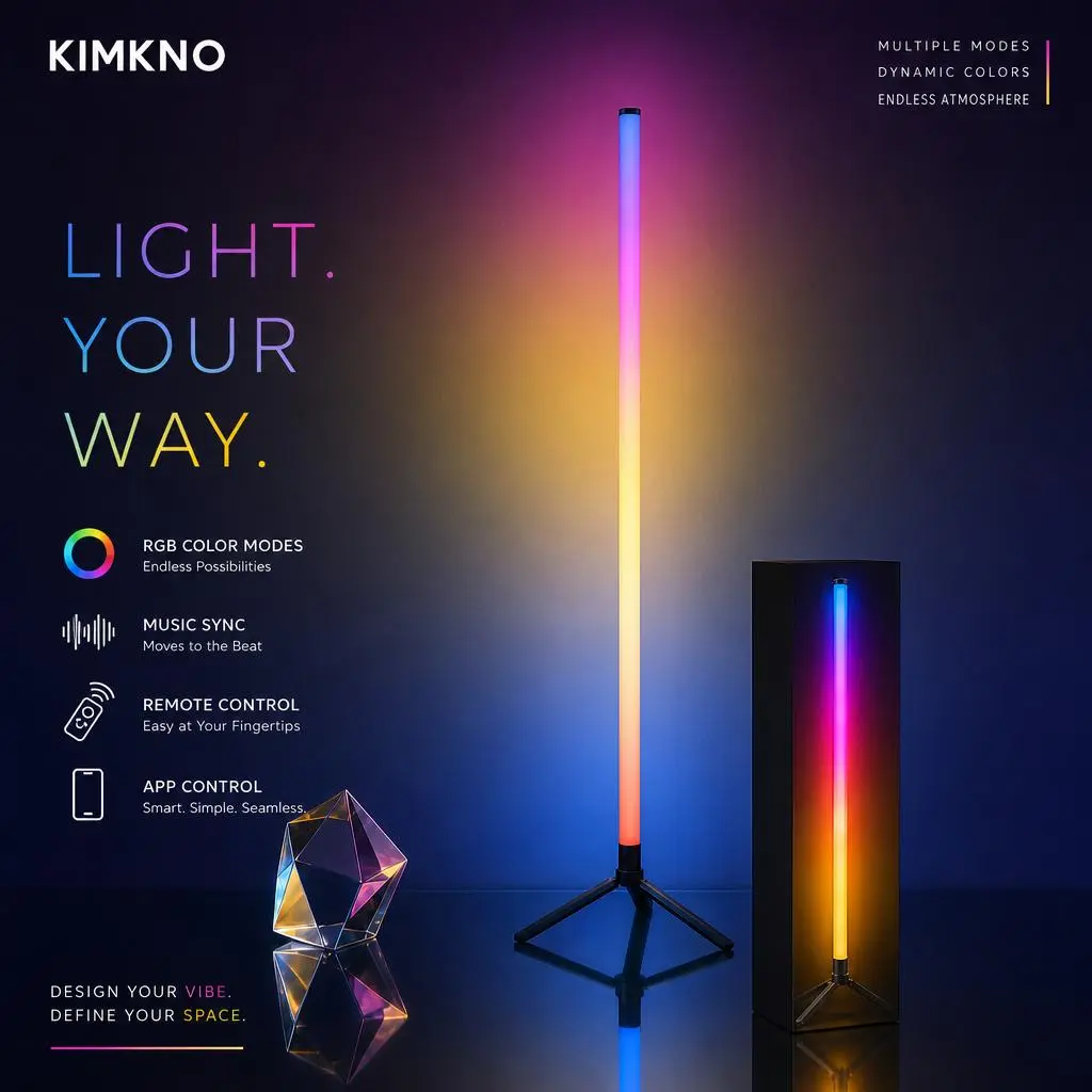 KIMKNO RGBIC Corner Floor Lamp, USB-Powered LED Light Bar with 2 Remote Controllers, 16M Color Music-Sync Dimmable Ambient Light, Timer Setting, Modern Home Decor for Gaming Rooms, Teen Valentine's Day Gift Idea