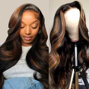 Highlight Lace Front Wig Human Hair Body Wave Honey Blonde 13x6 Transparent Lace Front Wigs Ombre Black Brown Lace Front Human Hair Wigs 180% Density 1/30 Colored Highlight Wig Balayage Wig