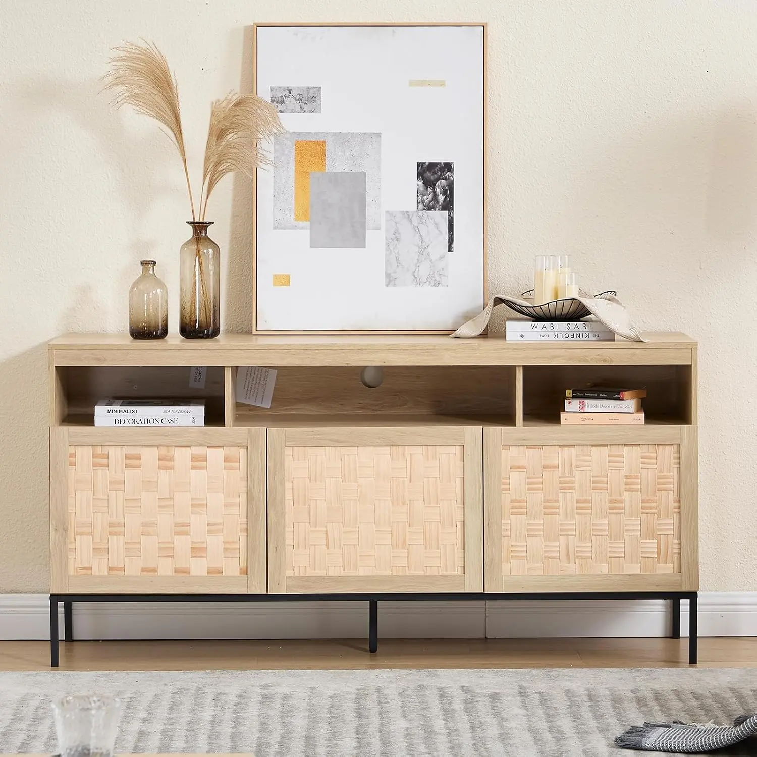 EBELLO Tall TV Stand with Stroage, 70" Large Entertainment Center for 75" TV, Tall Media Console Table with Storage Cabinet and Open Shelves, Cord Holes, for Living Room, Bedroom, Oak