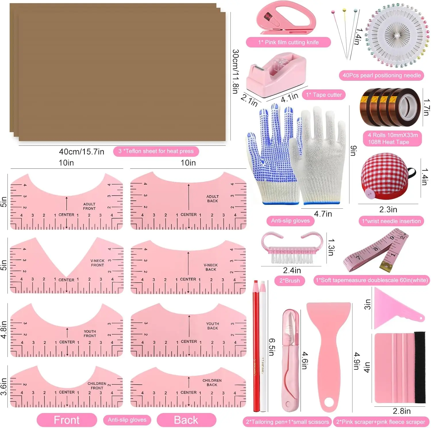 Sublimation Shirts Tool Pink Kit With 8T Shirt rulers, 3Pack Teflon Sheet for Heat Press 12 x 16in, Heat Resistant Gloves & Silicone Bumps, 4Rolls Heat Resistant Tape& Tape Dispenser Sublimation - Home Improvement.