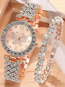 1 piece of fashionable Roman pattern diamond inlaid women's watch, women's watch quartz watch bracelet, women's watch paired with 1 trendy and versatile heart-shaped skeleton bracelet