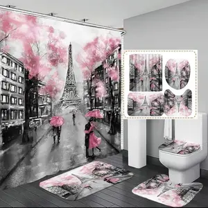 4pcs Paris eiffel tower pink tower curtains set bathroom decor