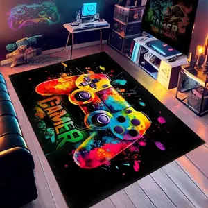 Cyberpunk Style Gaming Controller Design Rectangle Non-Slip Rug, Vibrant Indoor Carpet for Gamers, Durable Game Room Decoration Gift