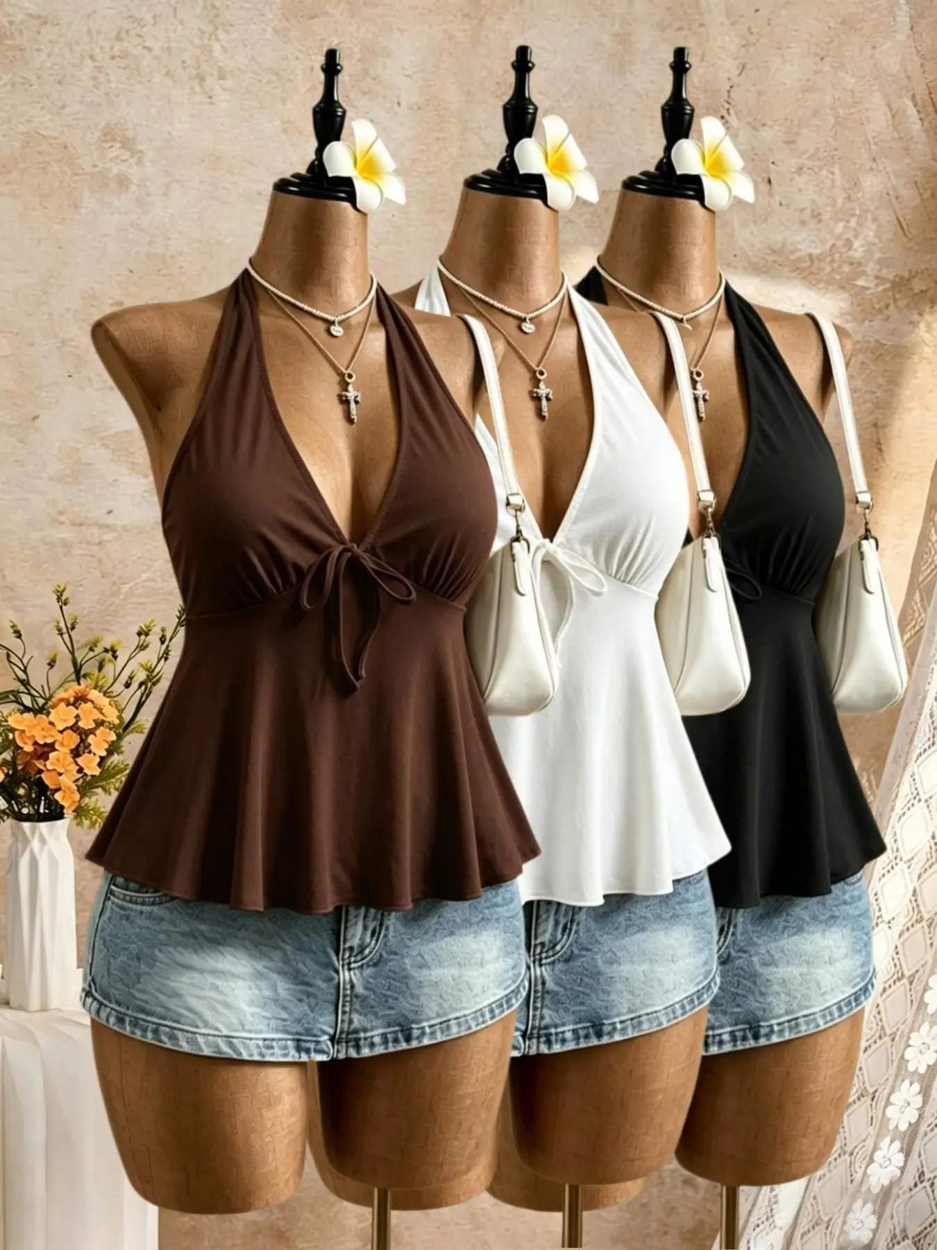 3 Piece Set Women's Summer Casual Tank Tops, Tie-Back Halter Neck Polka Dot & Solid Color Mix, Essential for Commute & Music Festivals, Casual Sleeveless Outfits