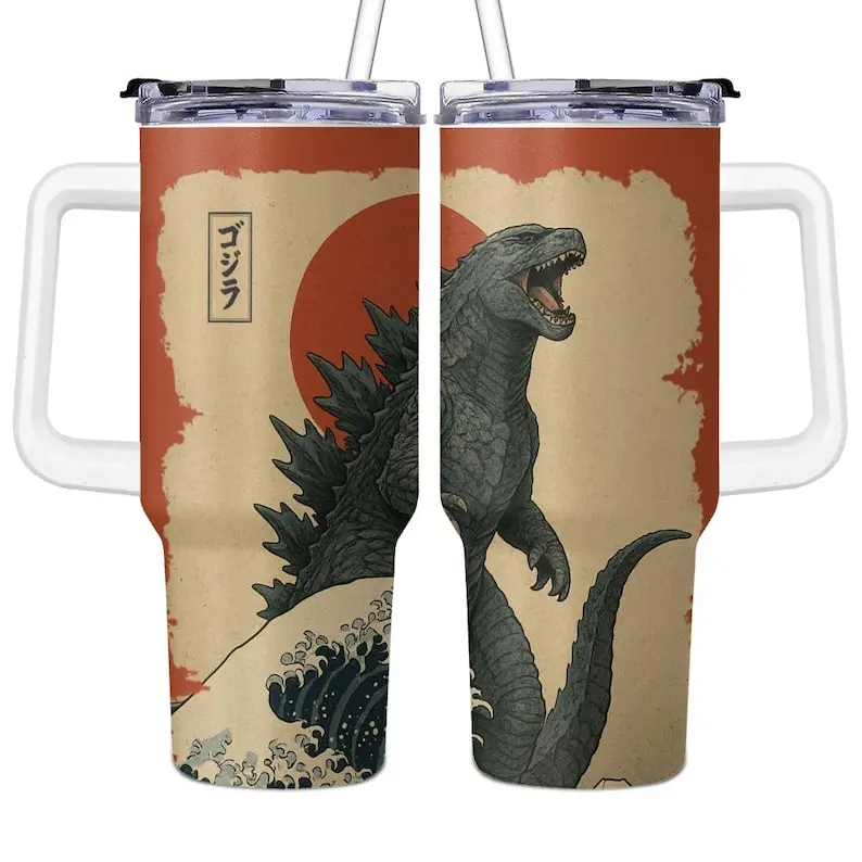 40oz Vintage Japanese Giant Monster Tumbler with Handle and Straw Insulated Stainless Steel Travel Cup