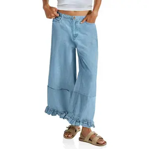 Imily Bela Women's Oversized High-Waisted Elastic Washed 90s Baggy Wide-Leg Ruffle Cropped Long Jeans with Pockets - Streetwear Pants for Women