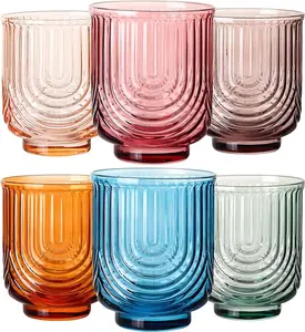 Colored Vintage Drinking Glass Set of 6-14Oz Colorful Water Glassware, Art Deco Ripple Highball Glass, Whiskey Cocktail Glasses, for Bar Beverages Ice Coffee Juice, Housewarming Gifts