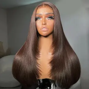 New Chocolate Brown #4 Color Human Hair Wig 9x6 Yaki Straight Glueless Wigs Human Hair Pre Plucked Pre Cut Lace Front Wigs 180Density Chocolate Wigs Human Hair For Women