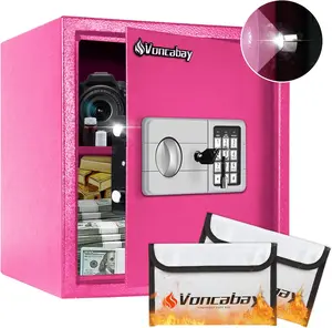 Voncabay Large Pink Safe Box with Digital Lock & Fireproof Bag for Secure Valuables Storage Case