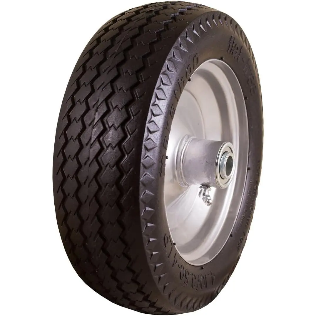 10-inch Heavy-Duty Solid Rubber Flat Free Tire - 4.10/3.50-4 Size, 5/8-in Axle Boreholes, 2 1/4-in Offset - Commercial Replacement for Hand Trucks, Gorilla Carts, Dollies