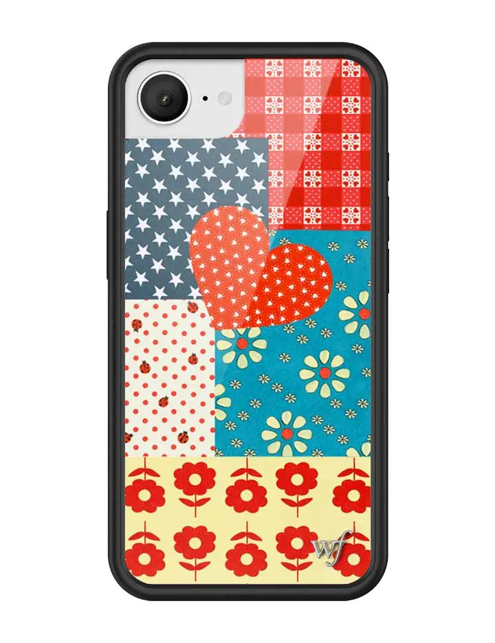 Flower Patch | Limited Edition Trendy Collab iPhone Case | Raised Protective Black Bumper | Women Owned Small Business | Plaid Squares White Stars Blue Backgrund Red and Yellow Flowers | Safety Casing Protective | Gift for Her