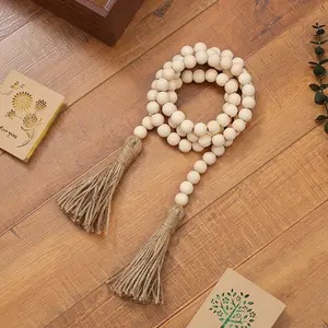Christmas Wood Bead Garland with Decorative Tassels, Boho Rope Tassel String and Classic Wall Hanging Ornaments for Christmas Home Decor