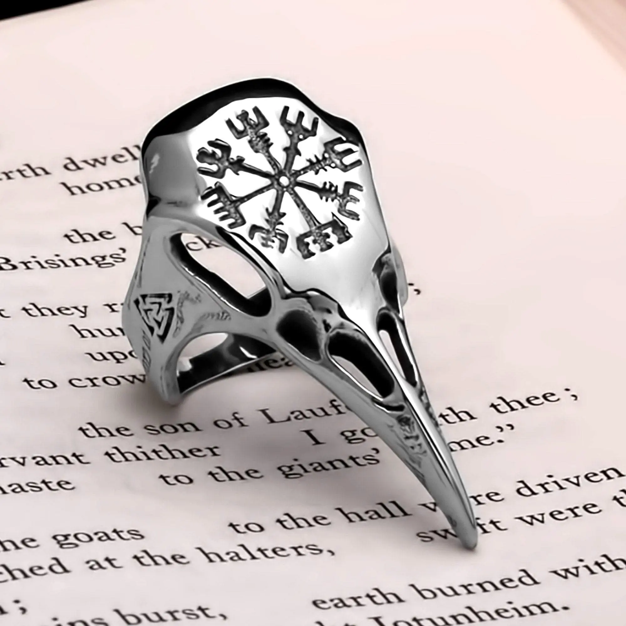 Viking Raven Skull Vegvisir Ring 316L Stainless Steel Viking Raven Skull Vegvisir Ring 316L Stainless Steel