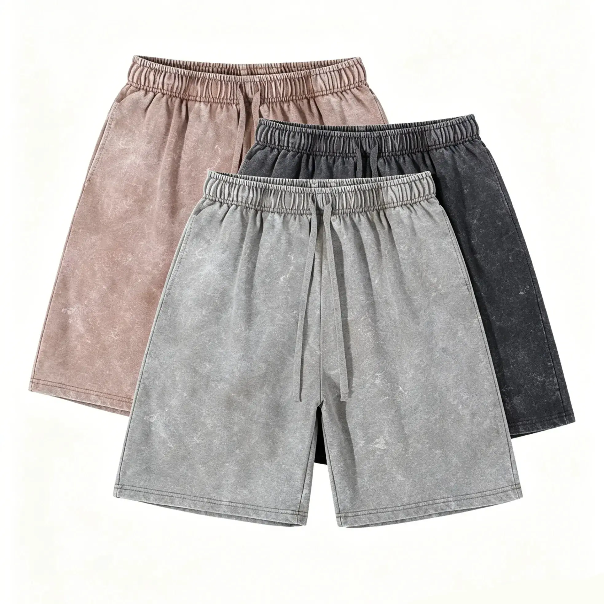 Men's Soft Activewear Pocketed Acid Washed Cotton Sweat Shorts - 1-3 Pack, Elastic Waist with Drawstring, Baggy Bottom, Vintage Athletic Streetwear for Gym/Workout, Tropical Beige Plain, Soft Activewear Shorts