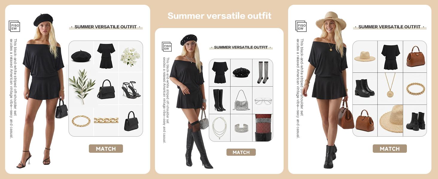 FISOEW  Sports 2026 Summer Spring Women's dresses,  Draped  Off-The-Shoulder Mini Dress,suitable for beach vacations and leisure holidays, party dresses. Fit Casual Black Style Womenswear