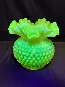 Uranium- Fenton -Hobnail- Ruffled Rose/Flower Vase- Topaz Opalescent
