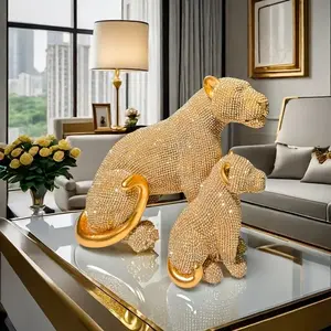 Elegant Imitation Pearl Mother and Cub Leopard Sculpture, Delicate Animal Statue, Living Room Office Bedroom Desktop Decoration Ornament