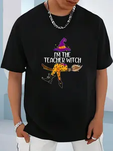 100% Cotton Unisex Im the Teacher Witch Shirt Halloween Matching Group Costume T-Shirt for Men Women Kids， men's autumn short-sleeved shirt, featuring maple leaf and Thanksgiving Halloween prints