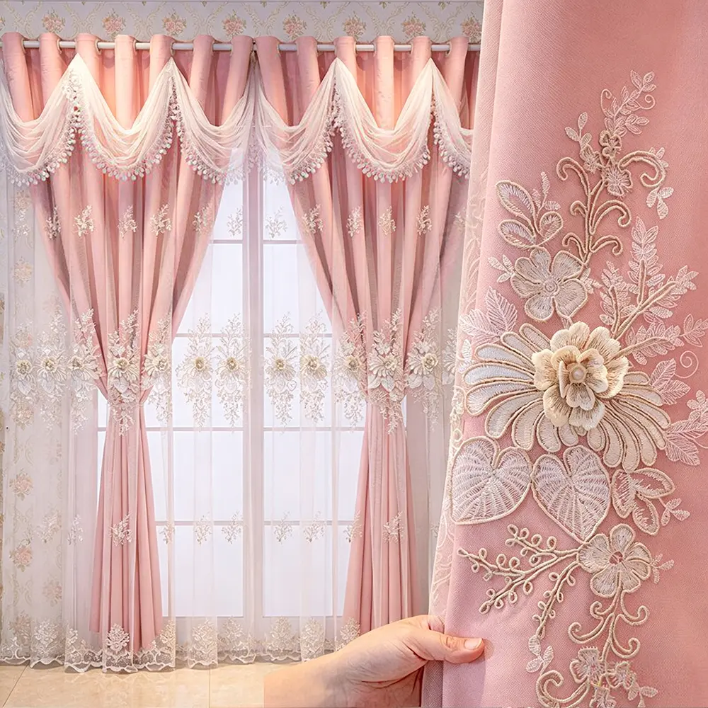 1 pc luxury pink blackout curtain set featuring 3D floral embroidery and tassels; pink princess bed and window curtain set suitable for living rooms, bedrooms, and girls’ rooms, showcasing gentle princess-style curtains and atmospheric decoration.