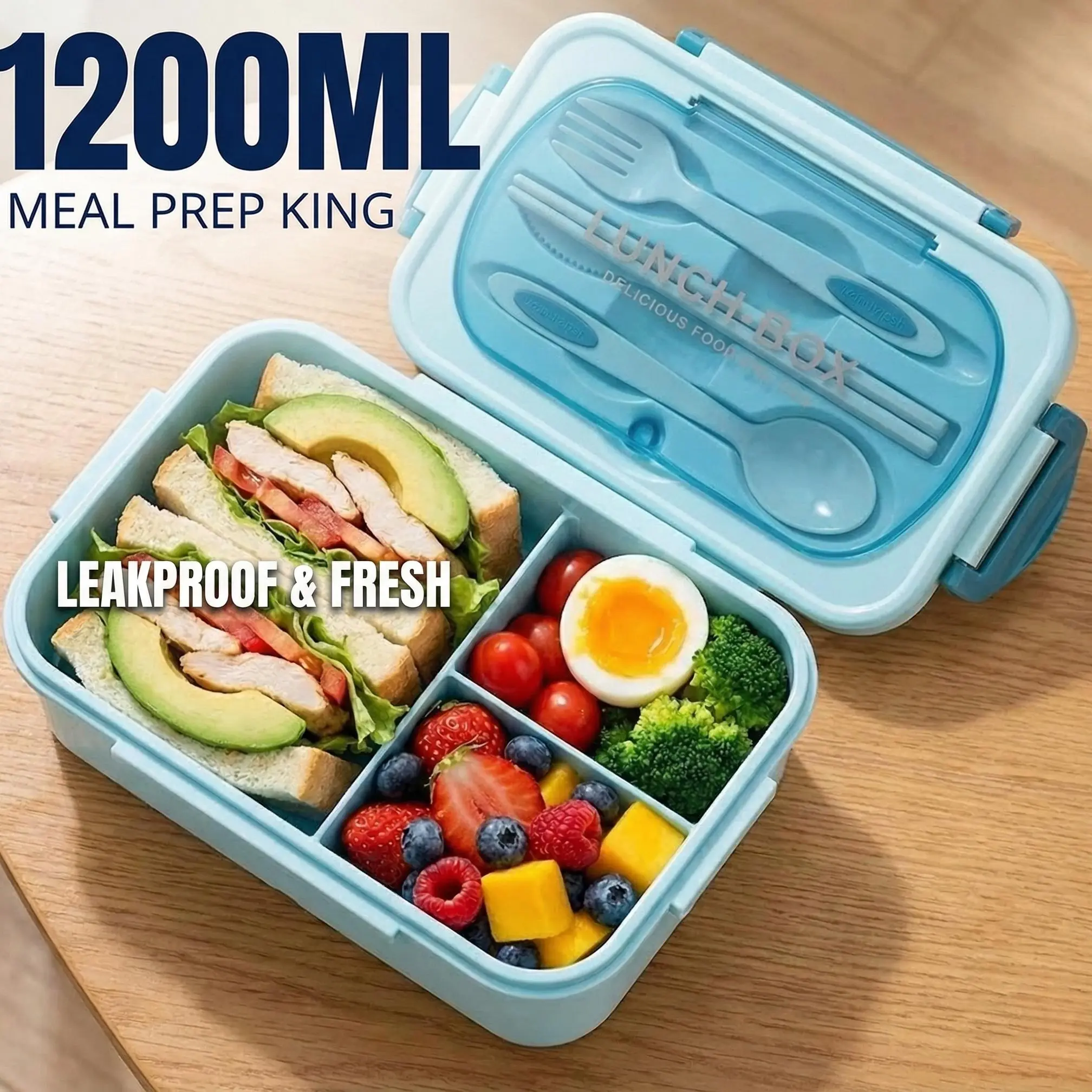 MIUVA Portable 1200 ML Bento Box for Adults LeakProof Lunch Containers with Utensils BPA Free 3 Compartment Microwave Safe Green Lunch Box