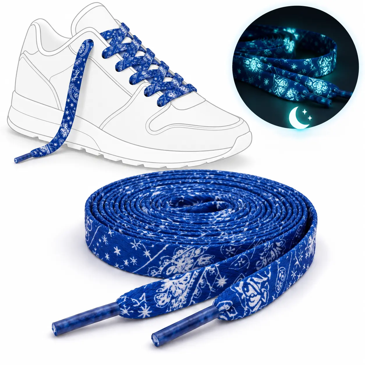 Blue Gradient Paisley Glow in the Dark Shoelaces – Luminous Patterned Laces Blue Gradient Paisley Glow in the Dark Shoelaces – Luminous Patterned Laces