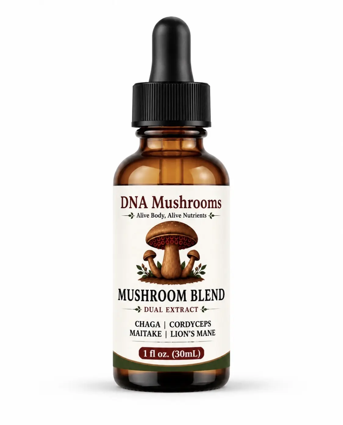 DNA Mushroom Extract Tincture - Chaga, Lion's Mane, Cordyceps, Maitake Blend - Boosts Focus, Supports Metabolic Wellness, Natural Energy, Antioxidant-Rich, Detox, Joint & Muscle Health