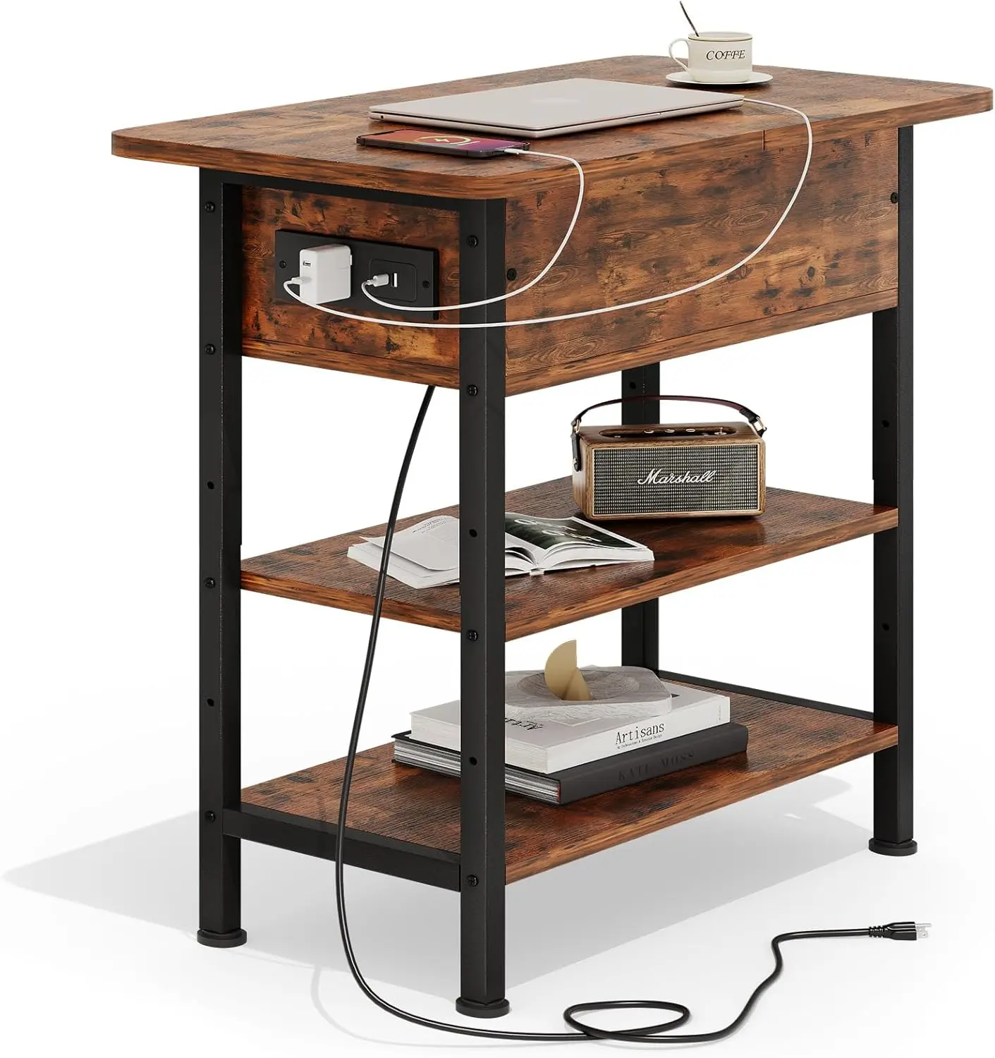 [DealsforYouDays]End Table with Charging Station, Flip Top Side Table with USB Ports and Outlets, 3-Tier Small Side Table with Storage for Small Space, End Tables for Living Room/Bedroom