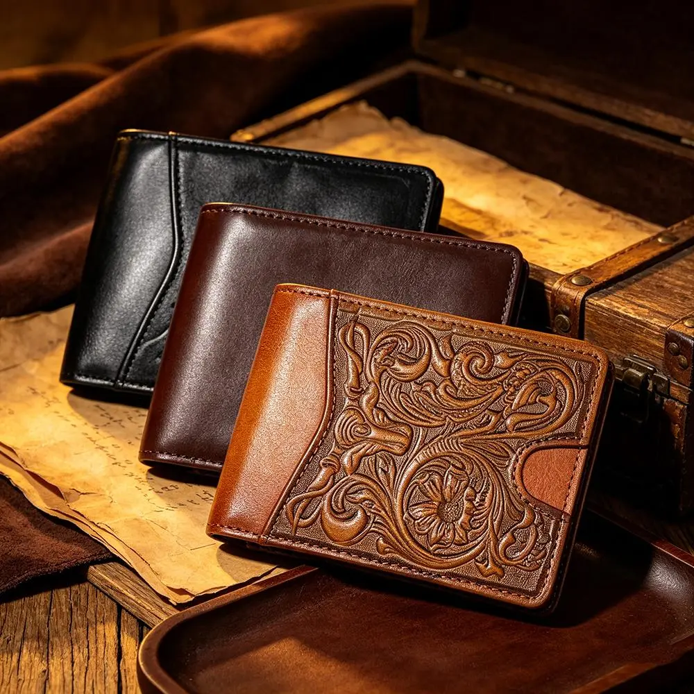 Western Men Wallet Floral Embossed Full Grain Leather Wallets for Men Cowboy Cowhide Leather Bifold Short Wallets With 11 Slot Credit Card Holders Wallet, Gifts for Men Husband