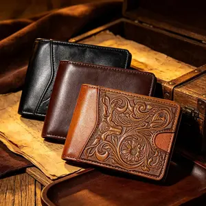 Western Men Wallet Floral Embossed Full Grain Leather Wallets for Men Cowboy Cowhide Leather Bifold Short Wallets With 11 Slot Credit Card Holders Wallet, Gifts for Men Husband