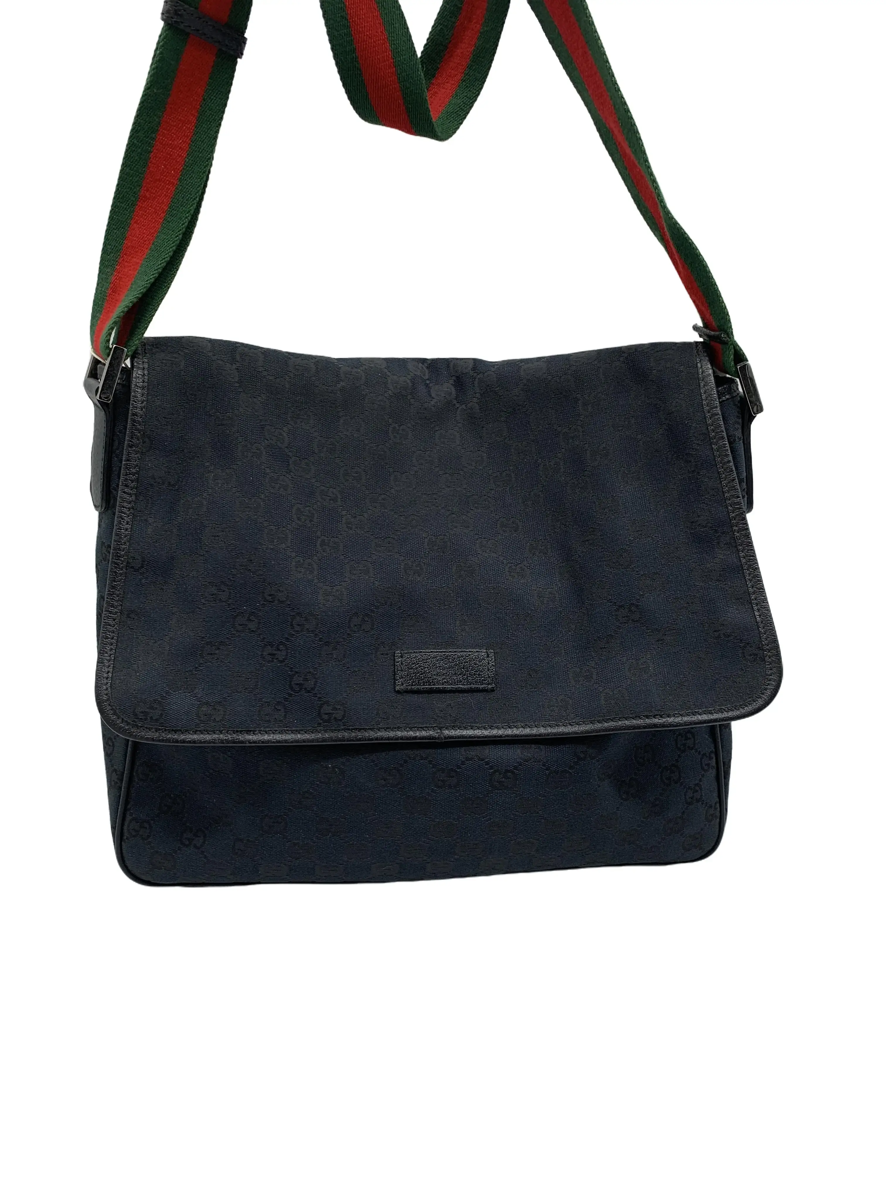 Pre-owned GUCCI Black GG Canvas Web Stripe Messenger Crossbody Bag/wj07831516/1516