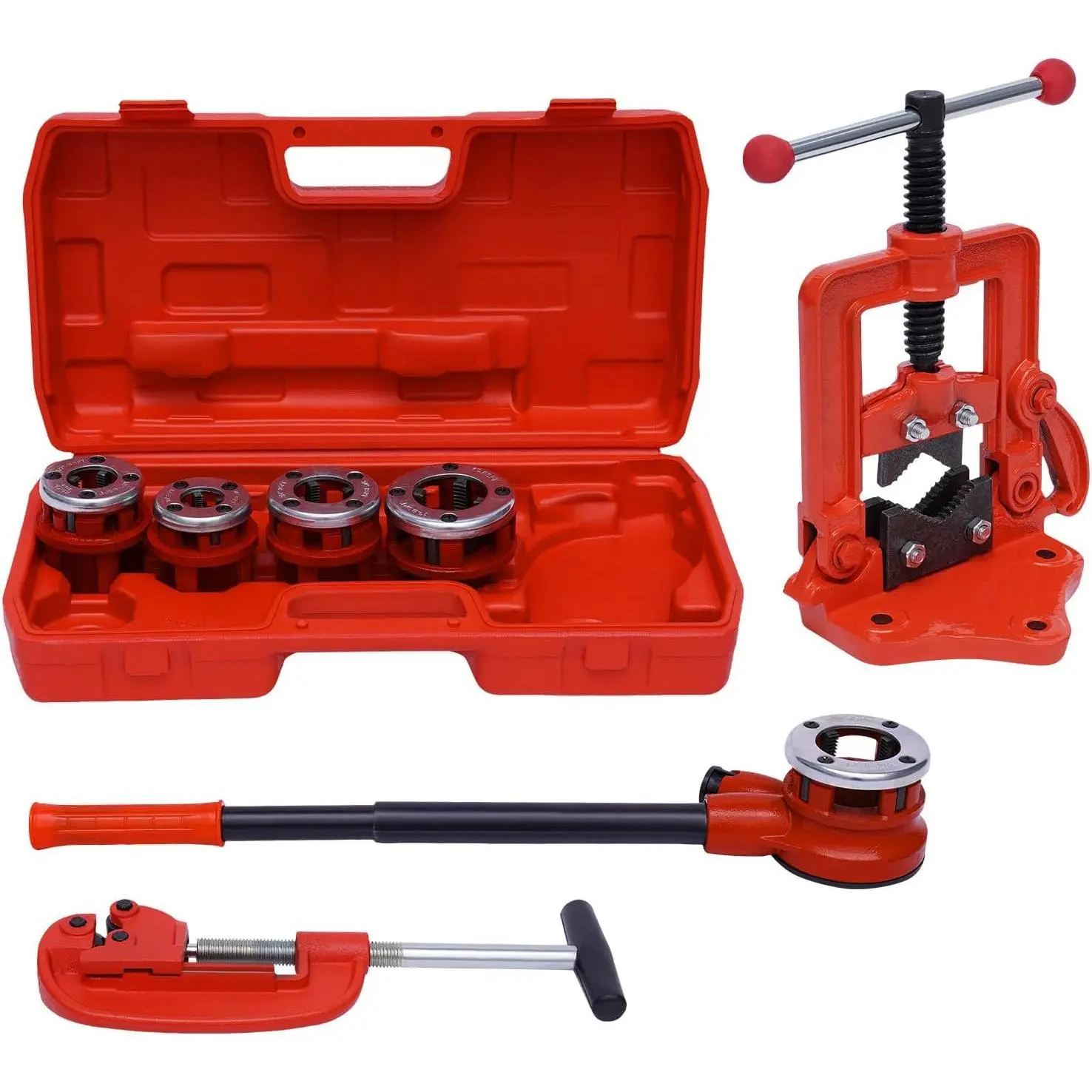 1* Ratchet Pipe Threader Kit with BSPT Threads, Construction Burr-Free Cutter, 5* Dies (1/4", 3/8", 1/2", 3/4", 1") & Storage Case for Home Galvanized Cast Iron Pipe Equipment Installation, Pipe Cutter
