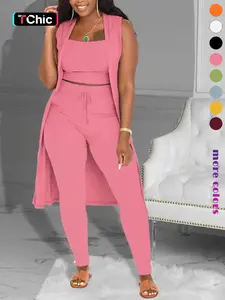 Three-Piece Set Women's Solid Crop Tank Top & Tie Front Pants & Open Front Outerwear Set, Casual Cropped Top & High Waist Trousers & Outerwear, Ladies Clothes for Daily Wear