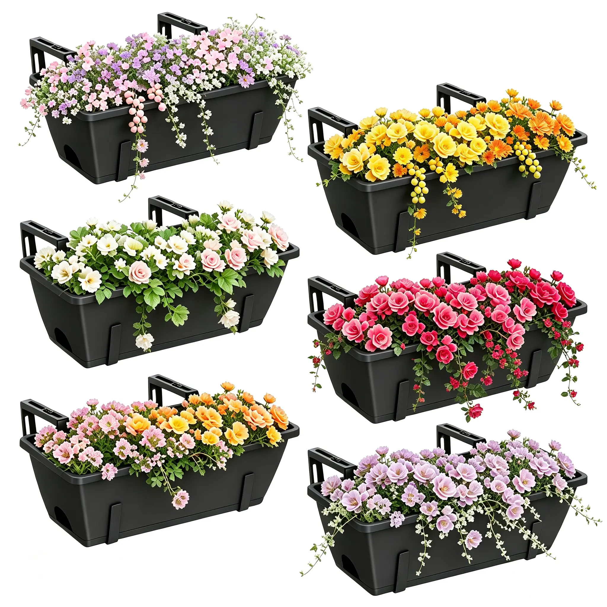 6-Pack Reusable Plastic Pots for Plants - Rectangle Window Planter Boxes, Hanging Indoor-Outdoor Containers with Adjustable Railing Brackets, Self-Watering Trays & Built-In Drain for Decor, Vegetables, Succulents#tiktokshopsummersale